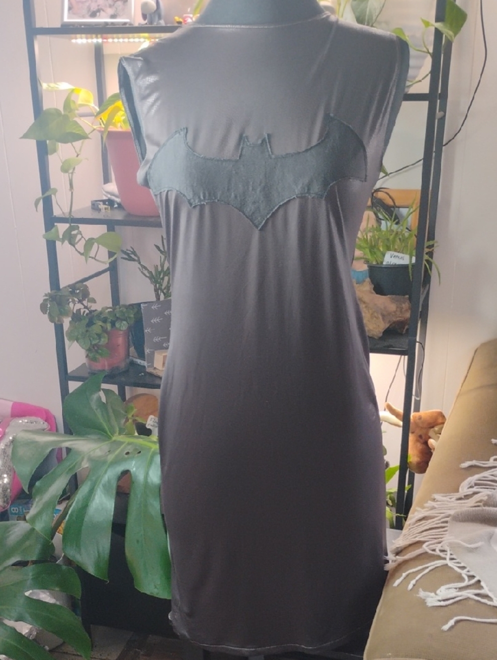 Women's Small Black Bat-Emblem Flattering Shiny Dress